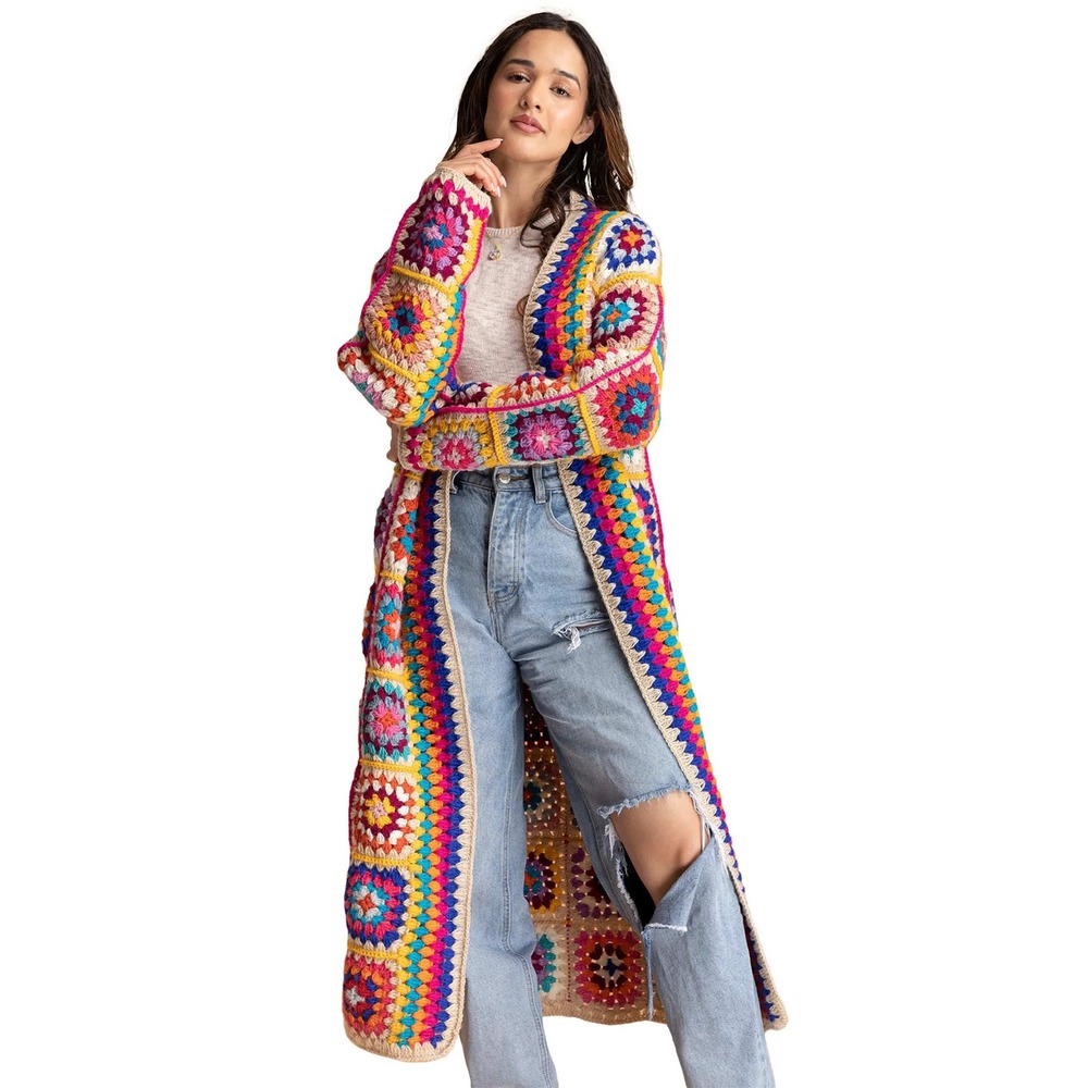 Saachi Crochet Granny Square Duster Cardigan Wmns Multi Color Boho Wool $500MSRP